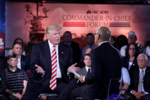 NBC NEWS - ELECTION COVERAGE -- Commander-In-Chief Forum -- Pictured: (l-r) Presidential Candidate Donald Trump and Matt Lauer on Wednesday, September 7, 2016 on the Intrepid in New York, NY -- (Photo by: Heidi Gutman/NBC News/NBCU Photo Bank via Getty Images)