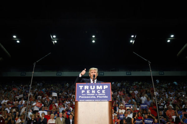 Republican presidential candidate Donald Trump gives a thumbs up as he speaks during a rally, Friday, Sept. 9, 2016, in Pensacola, Fla. (AP Photo/Evan Vucci)